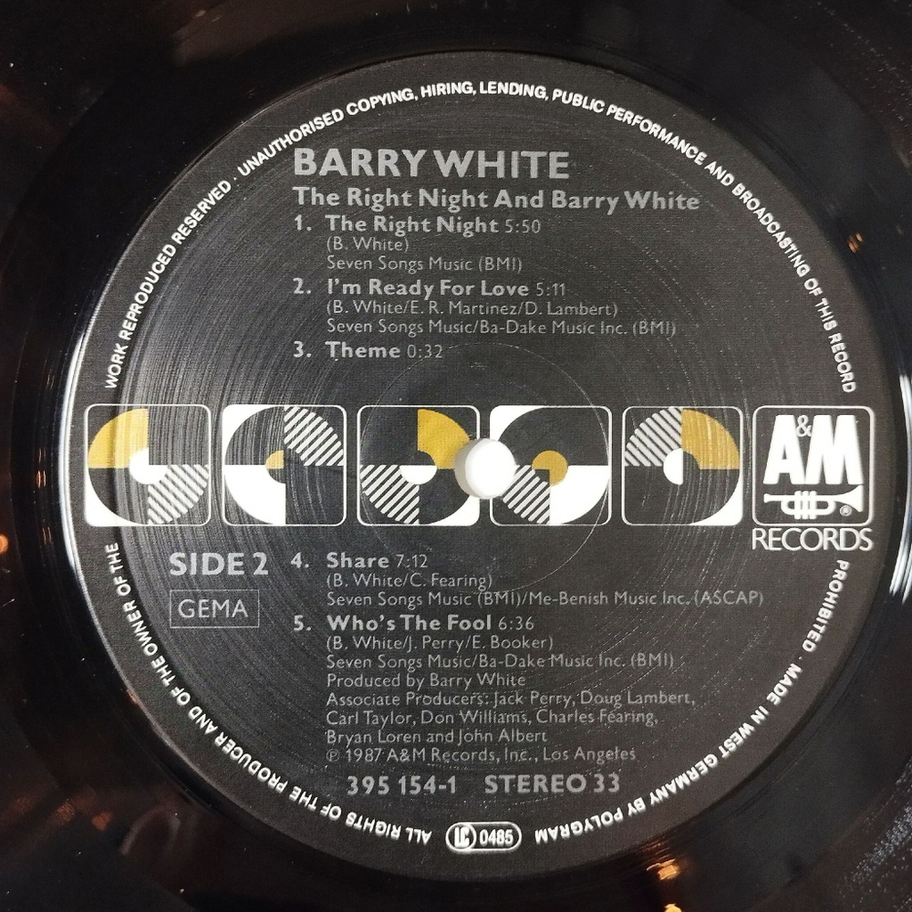 Винтажная виниловая пластинка LP Barry White The Right Night and Barry White (Germany 1987)