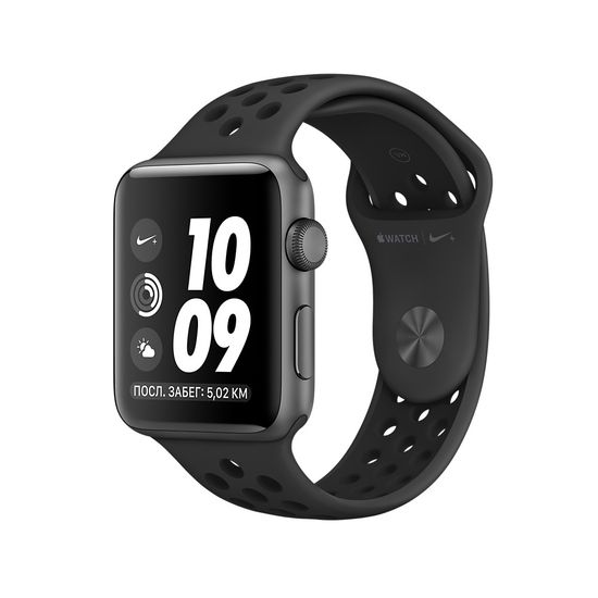 Часы смарт Apple Watch  Nike+ 38 мм из алюминия цвета «серый космос», спортивный ремешок Nike цвета «антрацитовый/чёрный» - Серия 3 (MQKY2)