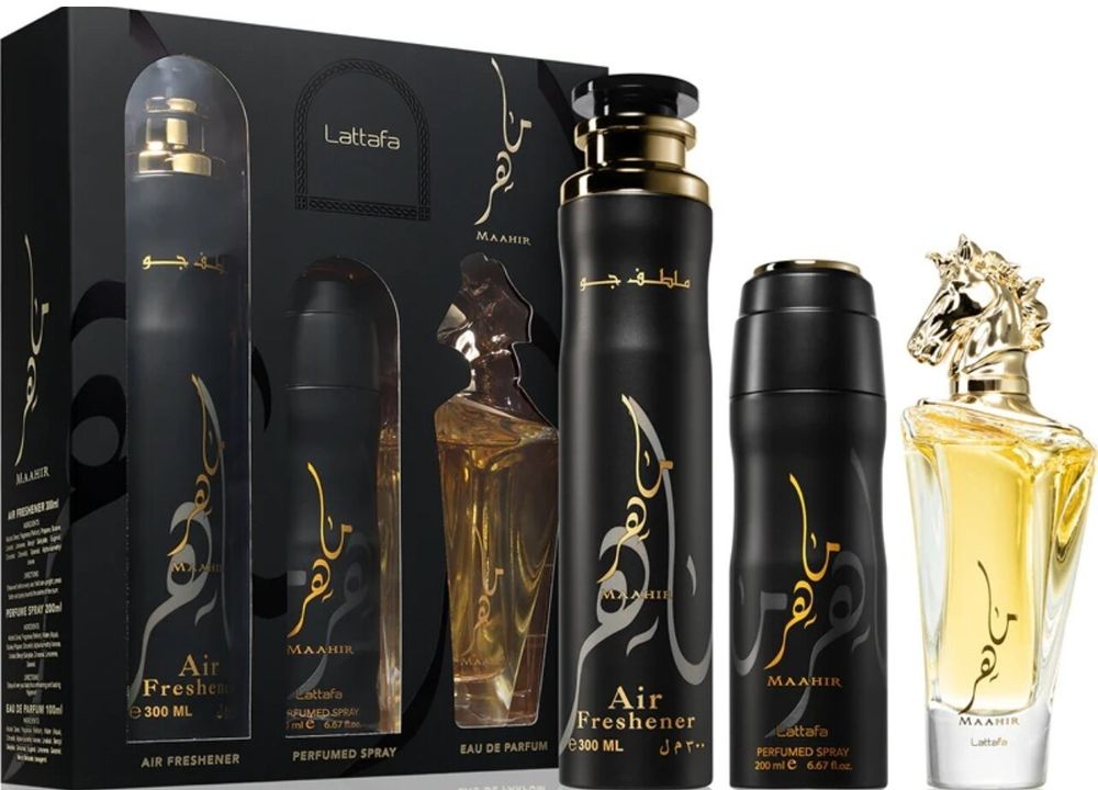 Lattafa Maahir Gift Set 100 ml + Deodorant 200 ml + Room Spray 300 ml Lattafa Maahir Gift Set 100 ml + Deodorant 200 ml + Room Spray 300 ml