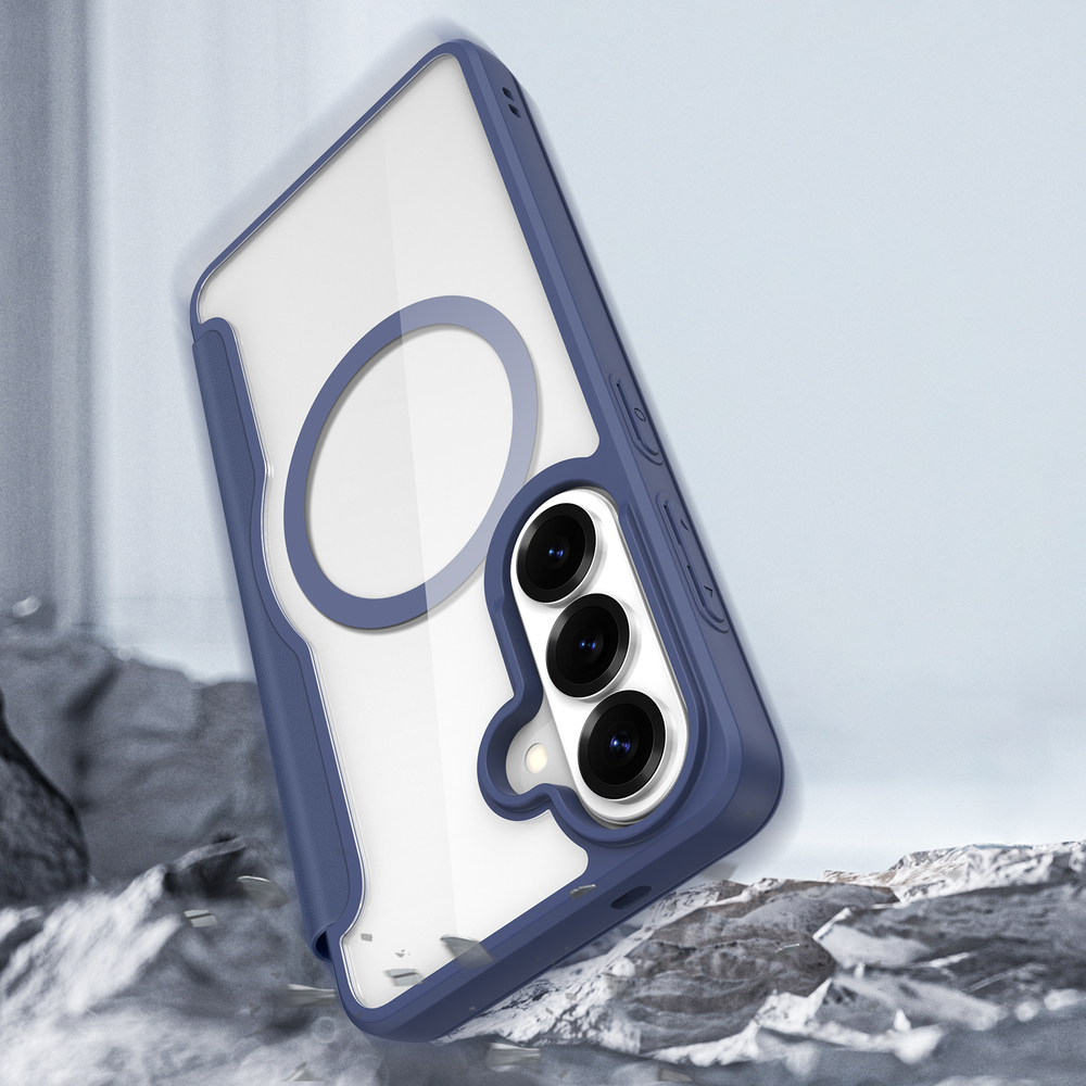 Чехол книжка синего цвета с поддержкой MagSafe для Samsung Galaxy S26, серия Skin X Pro Series от Dux Ducis