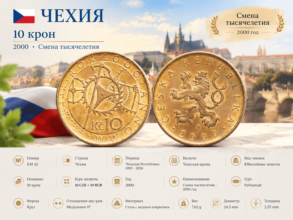 Чехия 10 крон, 2000 Смена тысячелетия XF