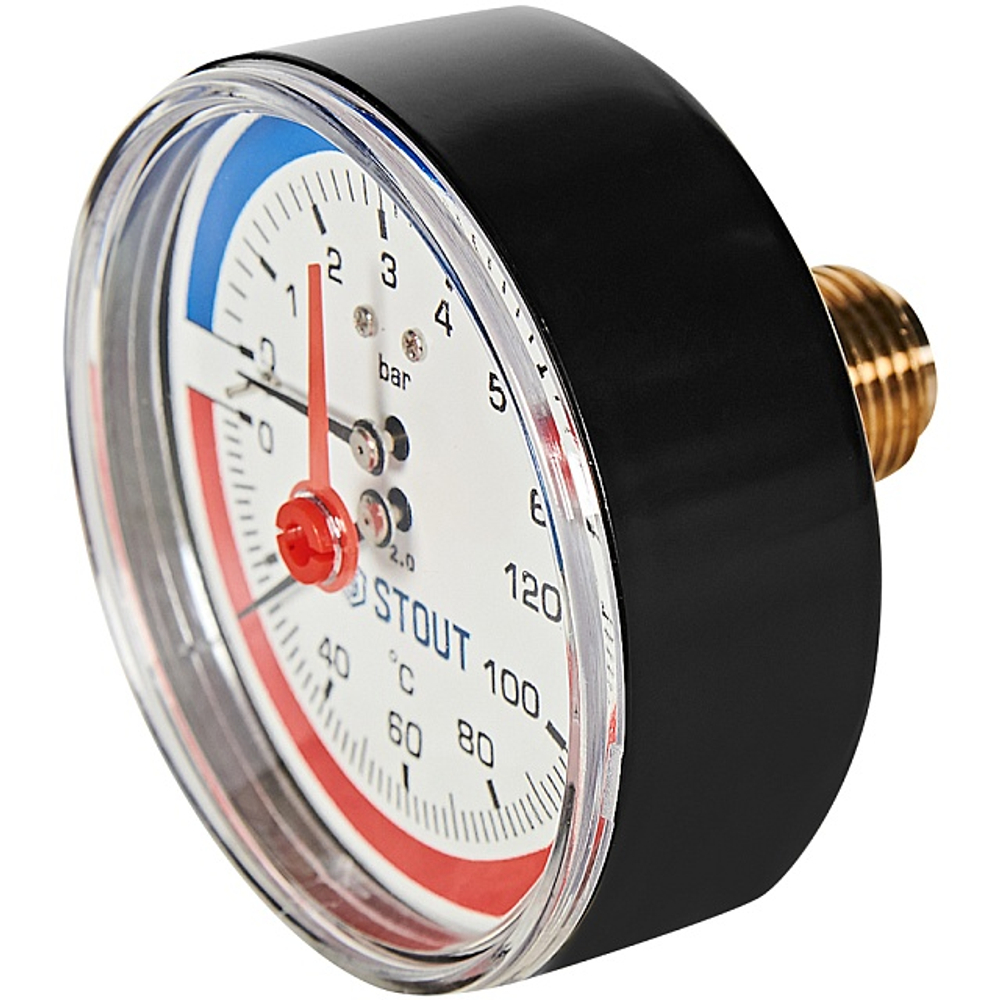 Термоманометр аксиальный STOUT - 1/2" (D80 мм, шкала 0-120°C/0-6 бар, с запорным клапаном)