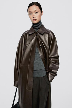 Massimo Dutti Длинный тренч из кожи наппа - Limited Edition, шоколадно-ричневый
