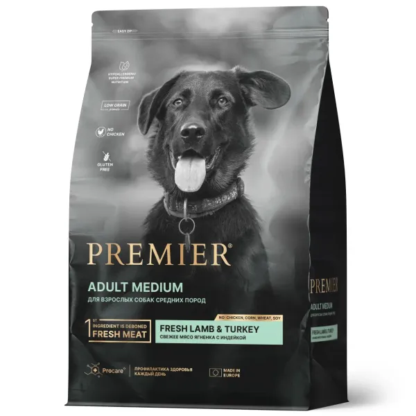Сухой корм Premier Dog Lamb&Turkey Adult Medium для собак средних пород из свежего мяса ягненка с индейкой