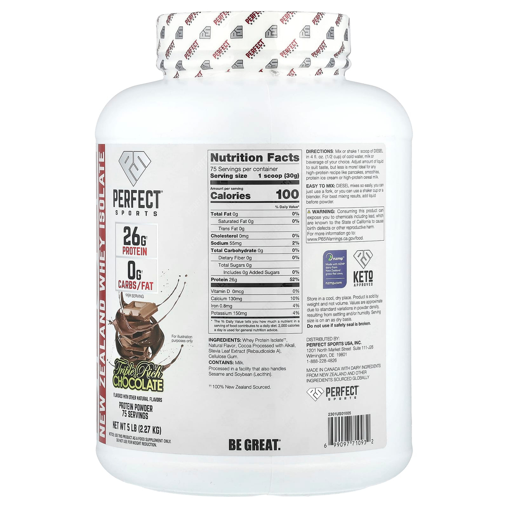 PERFECT Sports, Diesel, изолят сыворотки из Новой Зеландии, шоколад тройной насыщенности, 2,27 г (5 фунтов)