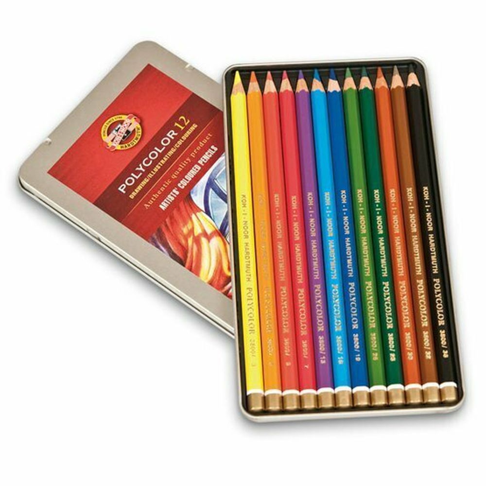 Карандаши цветные художественные 12 ЦВЕТОВ KOH-I-NOOR "Polycolor", 3,8 мм, металлическая коробка, 3822/12, 3822012002PL
