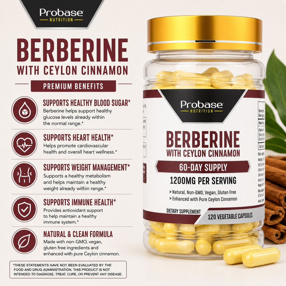 Probase Nutrition, берберин с цейлонской корицей, 120 растительных капсул