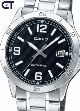 Casio MTP-V004D-1B2 General часы наручные мужские — чёрный циферблат с арабскими цифрами и стальным браслетом