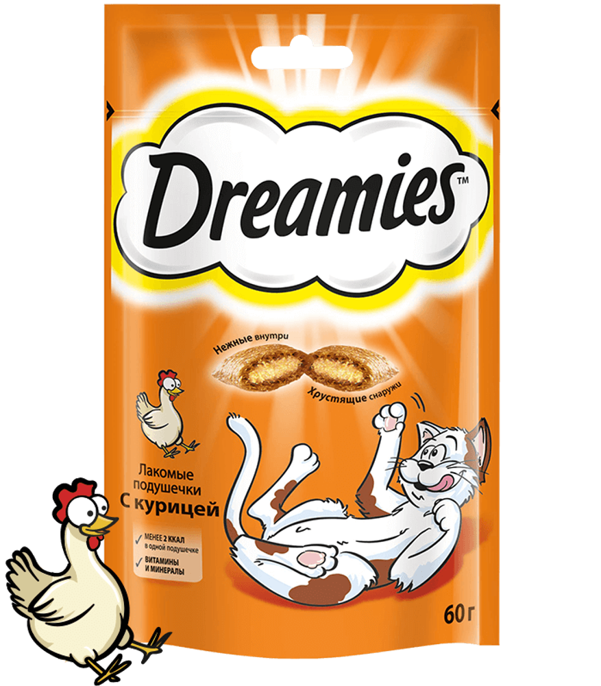 Лакомство Dreamies для кошек, лакомые подушечки с курицей, 60 г Лакомство Dreamies для кошек, лакомые подушечки с курицей, 60 г