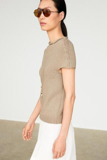 Massimo Dutti Свитер из хлопка с короткими рукавами и необработанным краем, бежевый