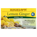 Bigelow, травяной чай с пробиотиками, лимон и имбирь, без кофеина, 18 чайных пакетиков, 37 г (1,31 унции)