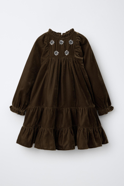 ZARA БАРХАТНОЕ ПЛАТЬЕ С КАМНЯМИ, ТЕМНЫЙ ХАКИ