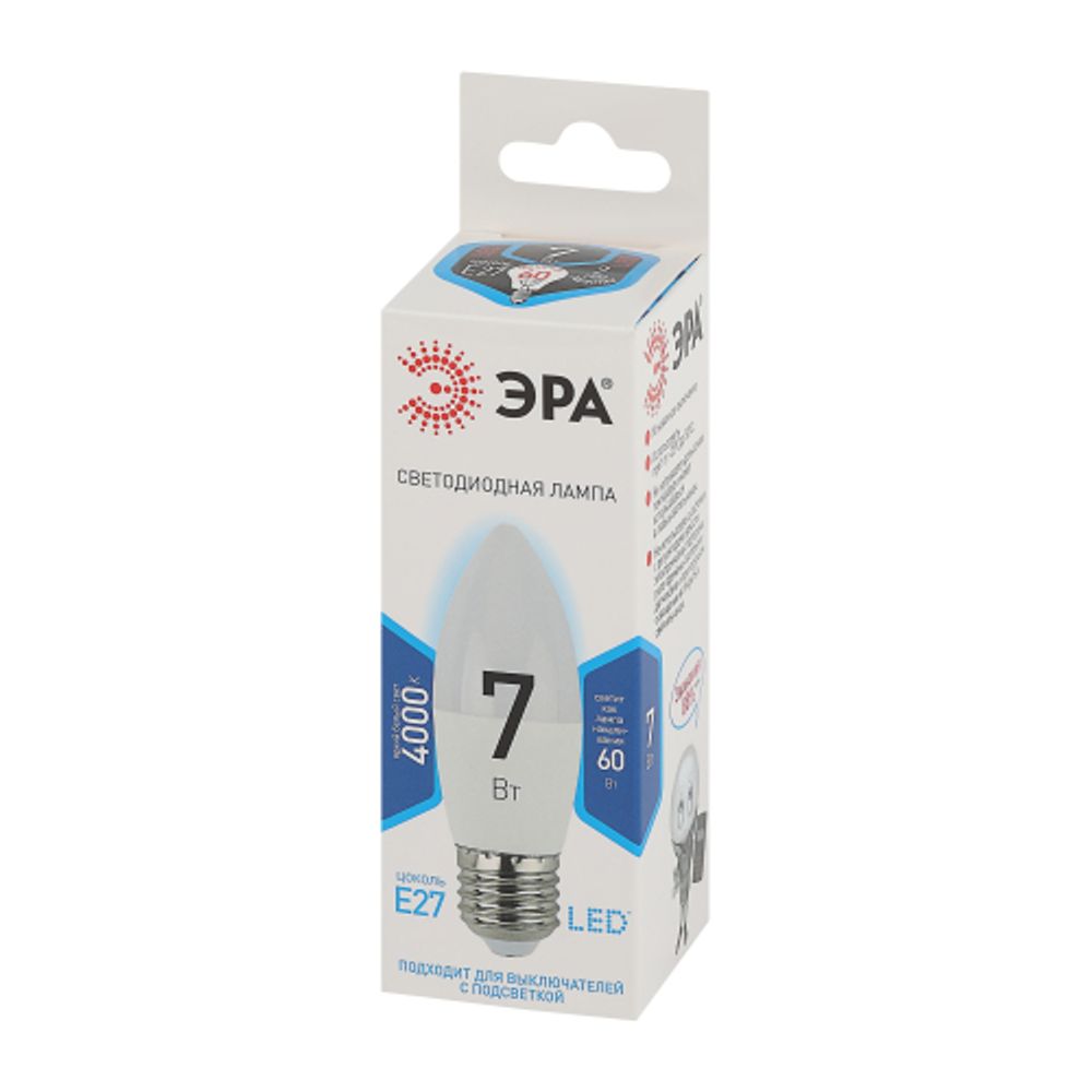 Лампа светодиодная ЭРА STD LED B35-7W-840-E27 7Вт свеча нейтральный белый свет Е27 | Лампы cветодиодные Свеча (B/C)
