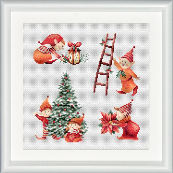 Набор для вышивания нитками Dutch Stitch Brothers, Рождественские гномы, канва лён 28 ct, 25х25 см