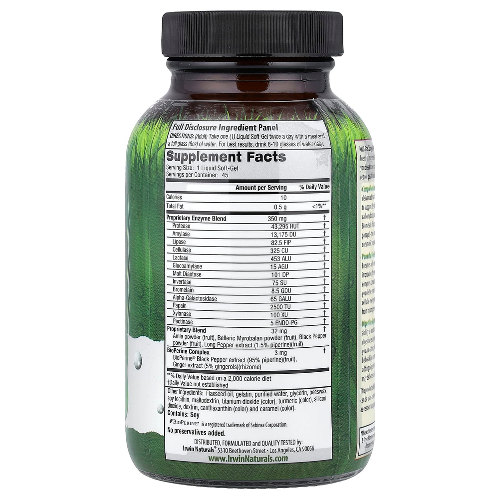 Irwin Naturals, Anti-Gas Digestive Enzymes™, 45 капсул с жидкостью