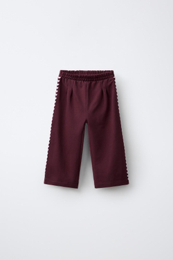 ZARA БРЮКИ WIDE LEG ИЗ ТРИКОТАЖА С ЛАМПАСАМИ И СЕРДЦАМИ, ТЕМНО-БОРДОВЫЙ