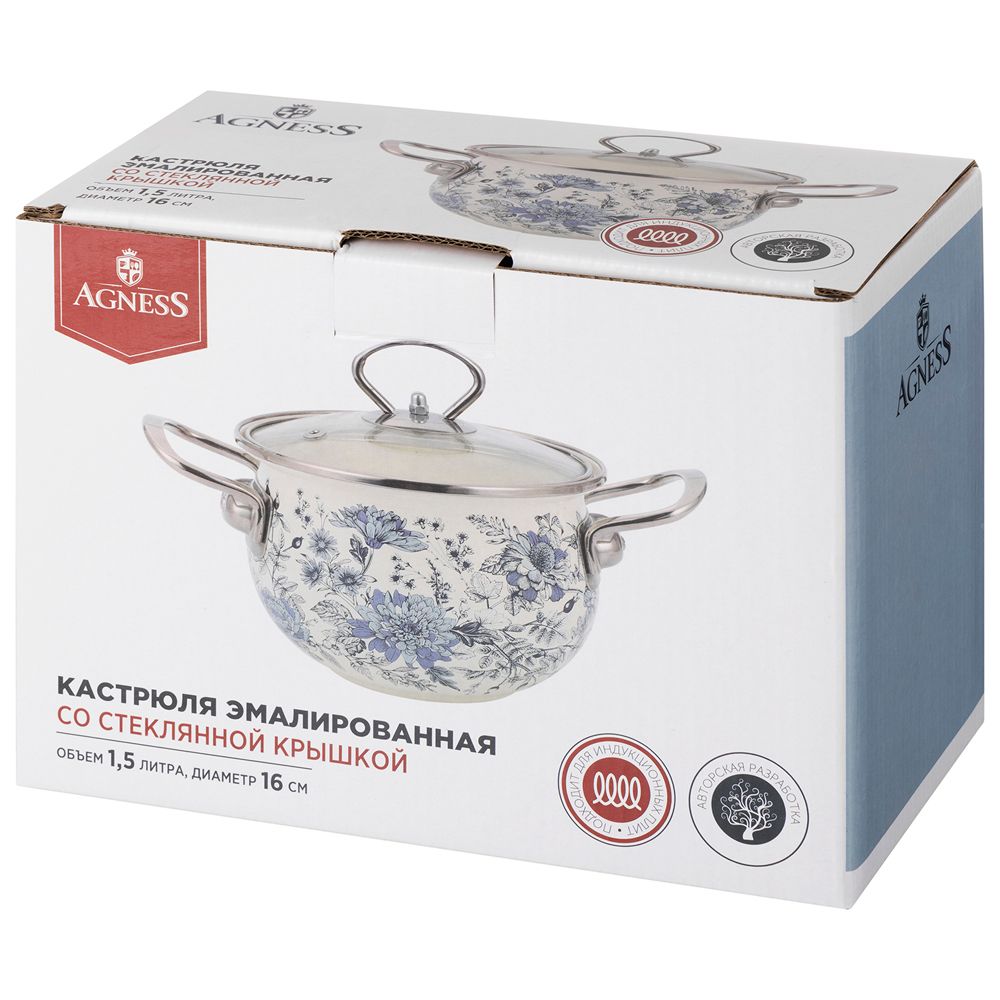 КАСТРЮЛЯ AGNESS ЭМАЛИРОВАННАЯ СО СТЕКЛЯННОЙ КРЫШКОЙ СЕРИЯ "ROYAL BLUE", 1,5 Л ДИА.16СМ