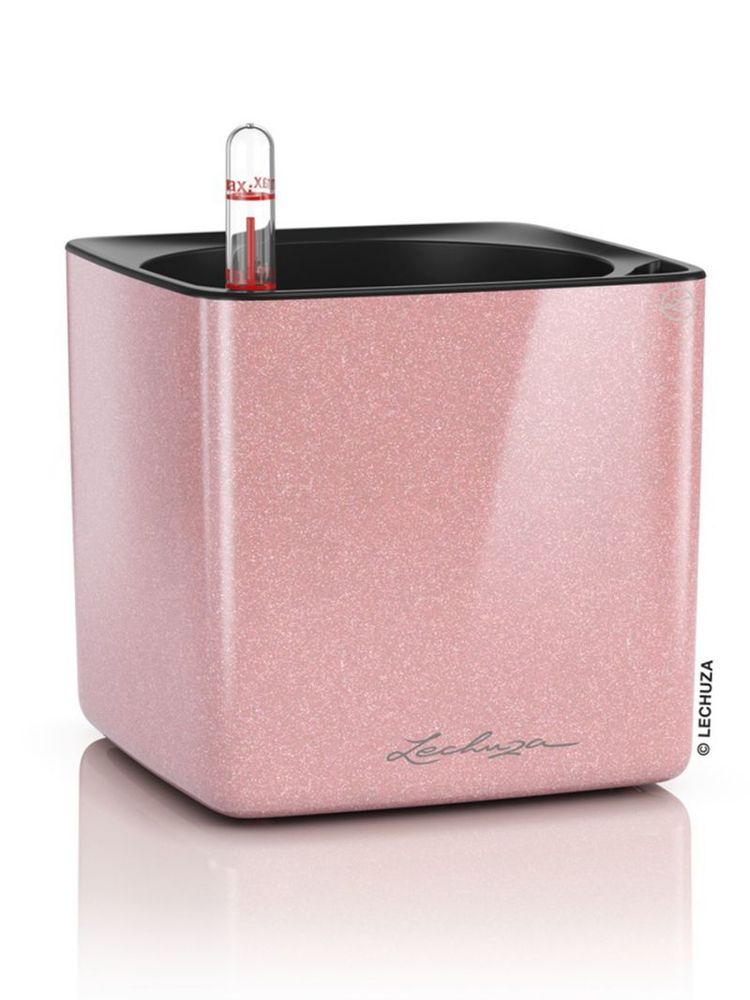 Кашпо Lechuza "Cube Glossy Complete cashmere cream high gloss glitter" (пластик), 14x14xH14 см
