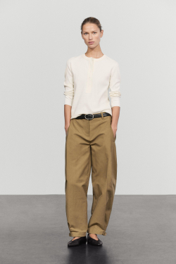 Massimo Dutti Футболка из смесового хлопка с воротником на пуговицах, натуральный/кремовый