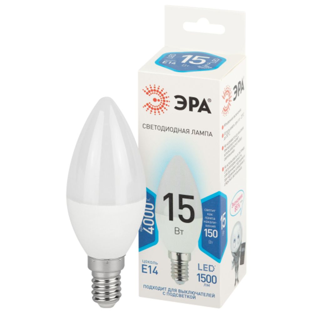 Лампа светодиодная ЭРА STD LED B35-15W-840-E14 15Вт свеча нейтральный белый свeт Е14 | Лампы cветодиодные Свеча (B/C)