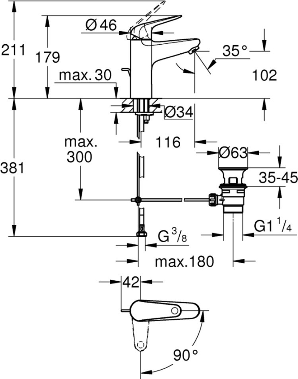 Смеситель для раковины GROHE Swift, однорычажный, 1/2″ размер M, хром (24328001)