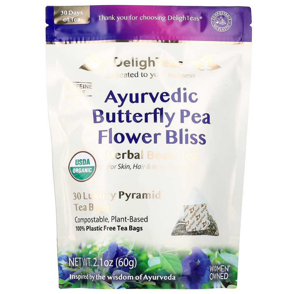 DelighTeas, Ayurvedic Butterfly Pea Flower Bliss, травяной чай, без кофеина, 30 роскошных чайных пакетиков Pyramid, 60 г (2,1 унции)
