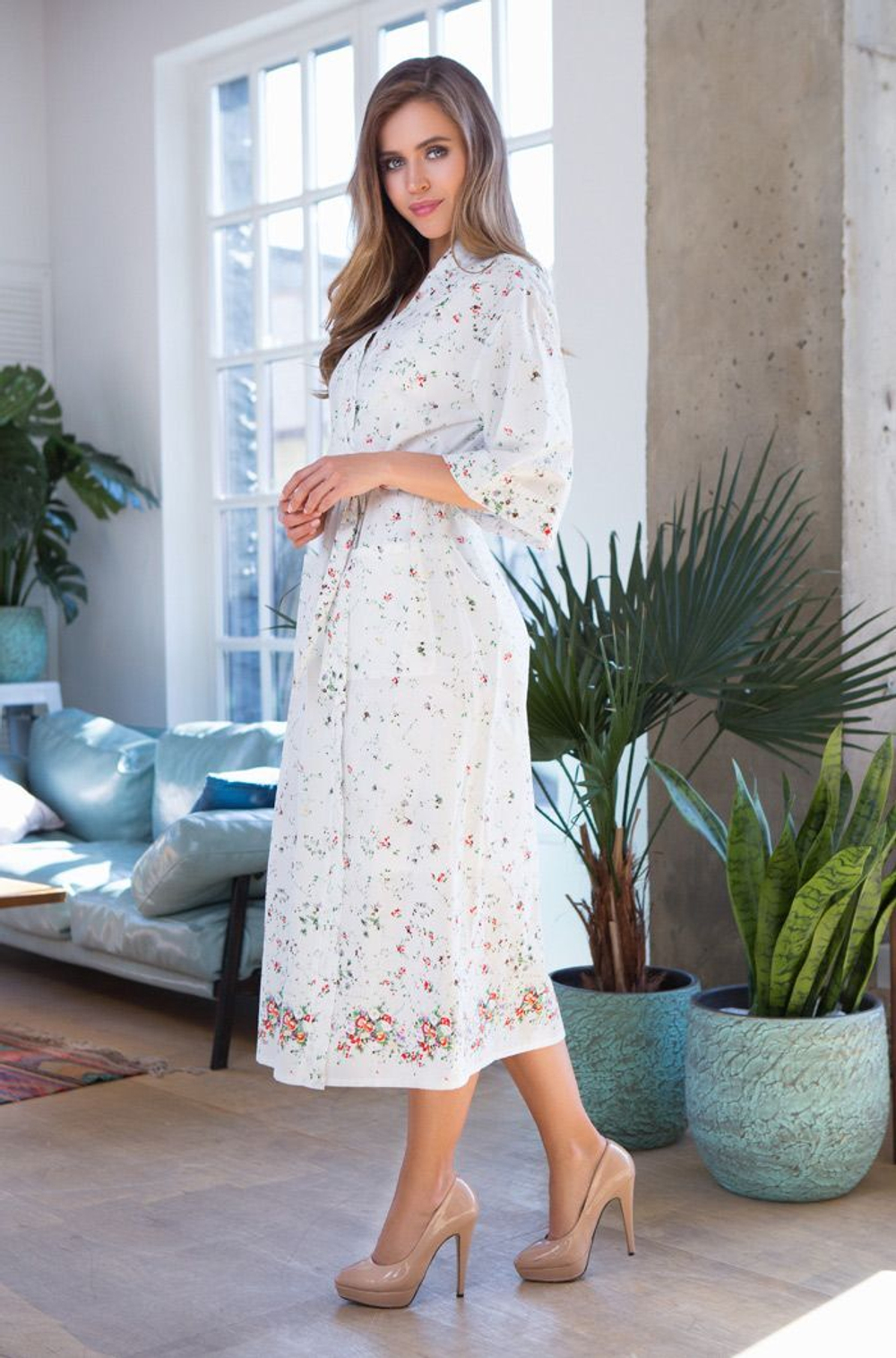 Длинный халат Daisy из нежного принтованного хлопка (Размер: XL-XXL) (Цвет: белый)