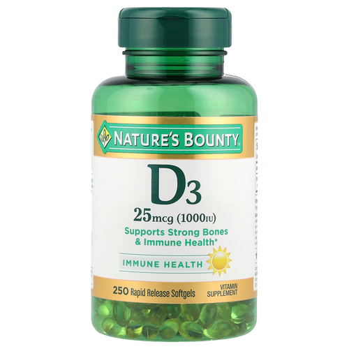 Nature's Bounty, витамин D3, 25 мкг (1000 МЕ), 250 мягких таблеток с быстрым высвобождением
