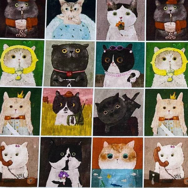 Купон 39x110 cm, ЗАБАВНЫЕ МИНИ КОШКИ, В ЖЕЛТОМ ПЛАТОЧКЕ, СЕРАЯ КЛЕТКА 1