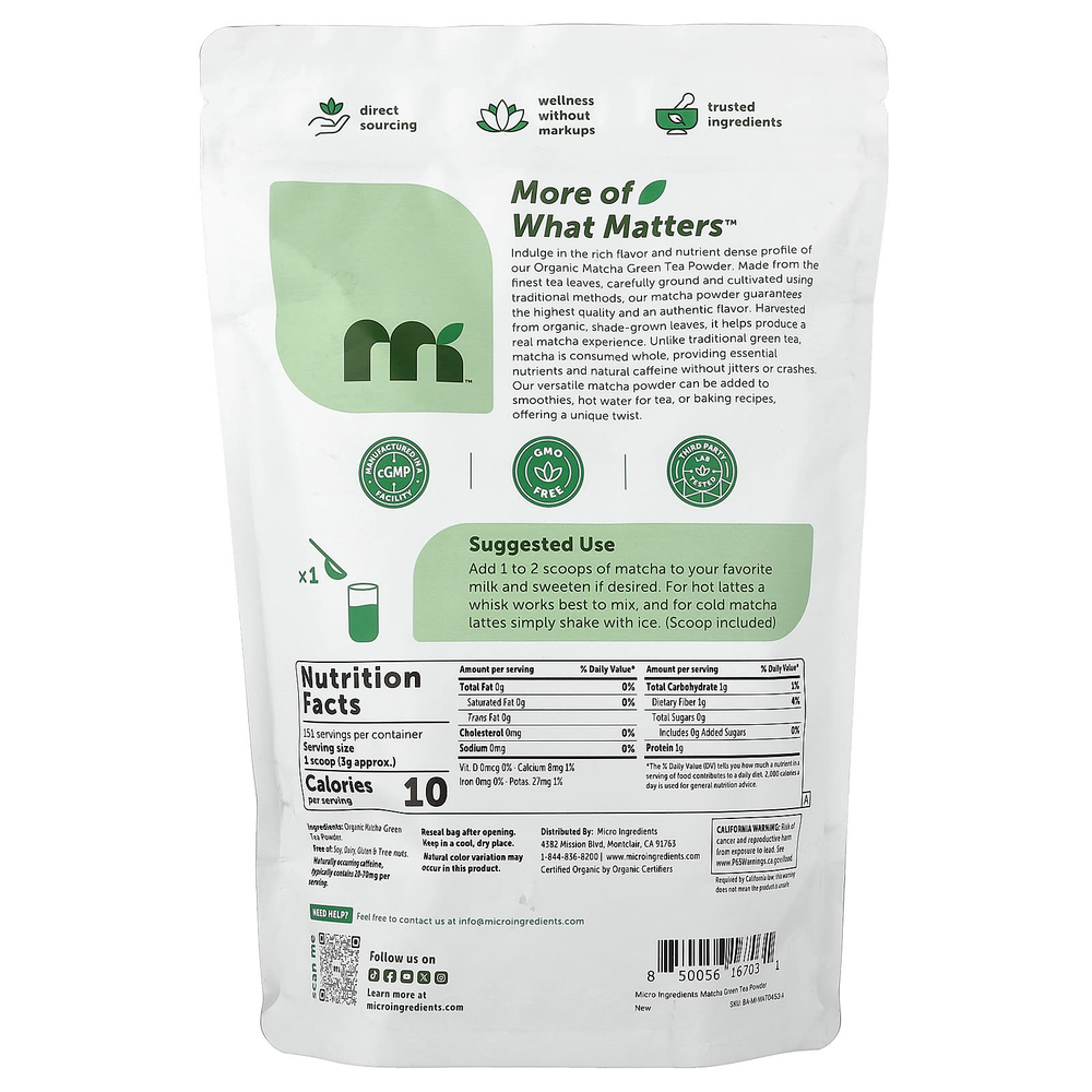 Micro Ingredients, органический зеленый чай матча в виде порошка, 454 г (1 фунт)
