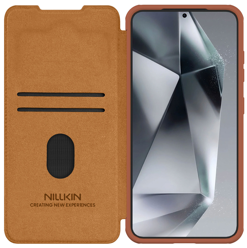 Кожаный чехол книжка коричневого цвета от Nillkin для Samsung Galaxy S25, серия Qin Pro Leather с сдвижной защитной шторкой для камеры