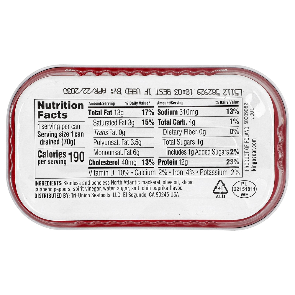 King Oscar, Royal Fillets™, макрель с перцем халапеньо, 115 г (4,05 унции)