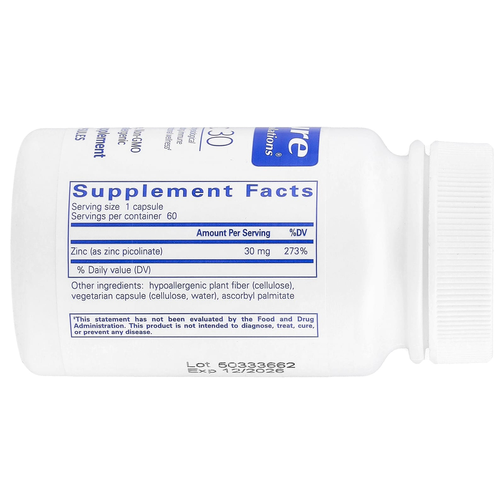 Pure Encapsulations, Цинк 30, 60 капсул (30 мг в капсуле)