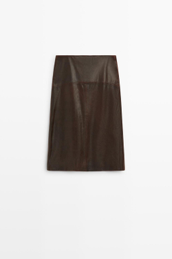Massimo Dutti Прямая юбка-миди из кожи наппа с декоративными швами, коричневый