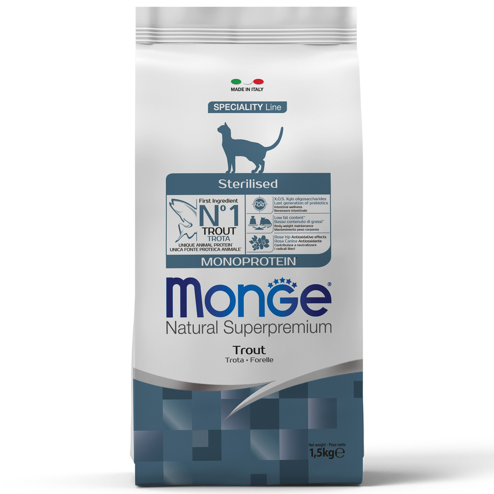 Сухой корм Monge Cat Monoprotein Sterilised Trout для стерилизованных кошек с форелью 1,5 кг