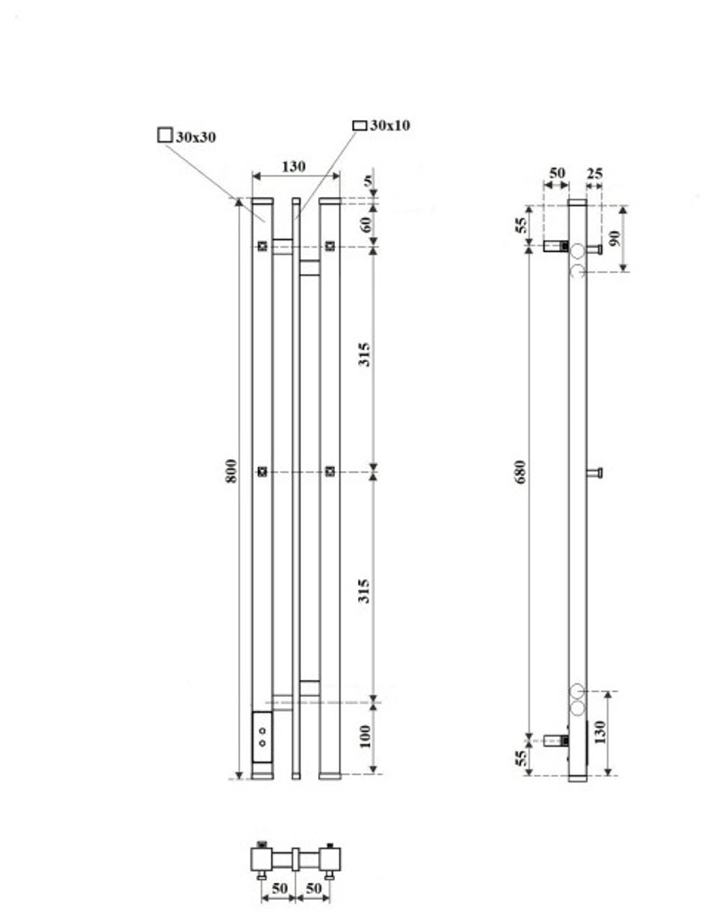 Полотенцесушитель электрический Point Фрея PN20718B П2 100x800 диммер слева, черный