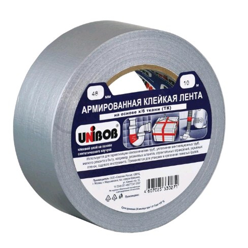 Лента клейкая армированная  х/б основа  48*10м   серебрянная    Инд. уп. Unibob  /29835