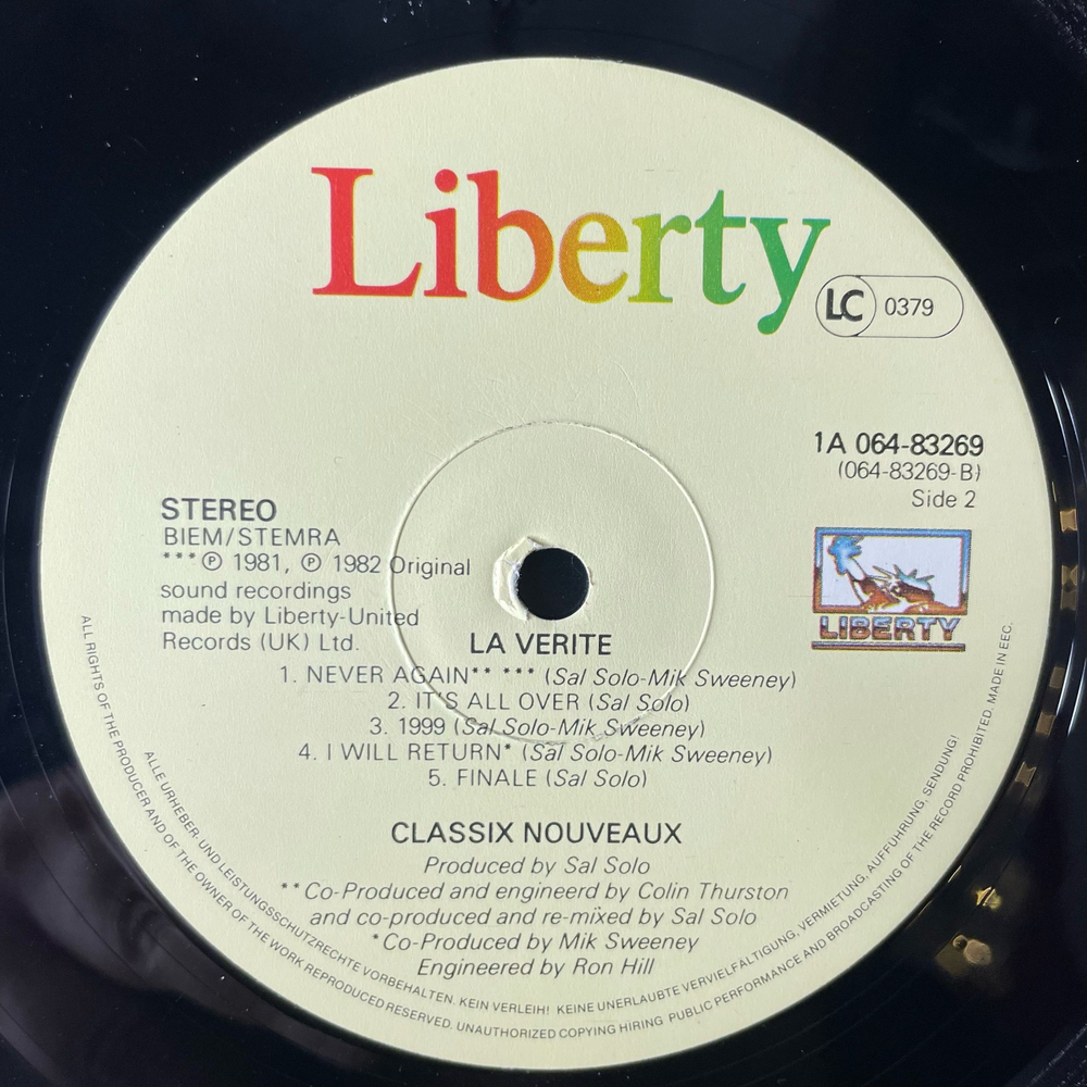 Винтажная виниловая пластинка LP Classix Nouveaux La Verite (Нидерланды 1982)