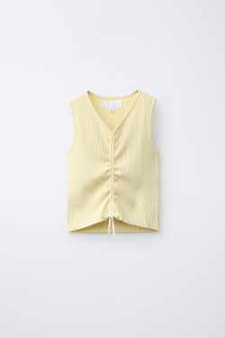 ZARA ТРИКОТАЖНЫЙ ТОП В РУБЧИК СО СБОРКАМИ, ЖЕЛТЫЙ