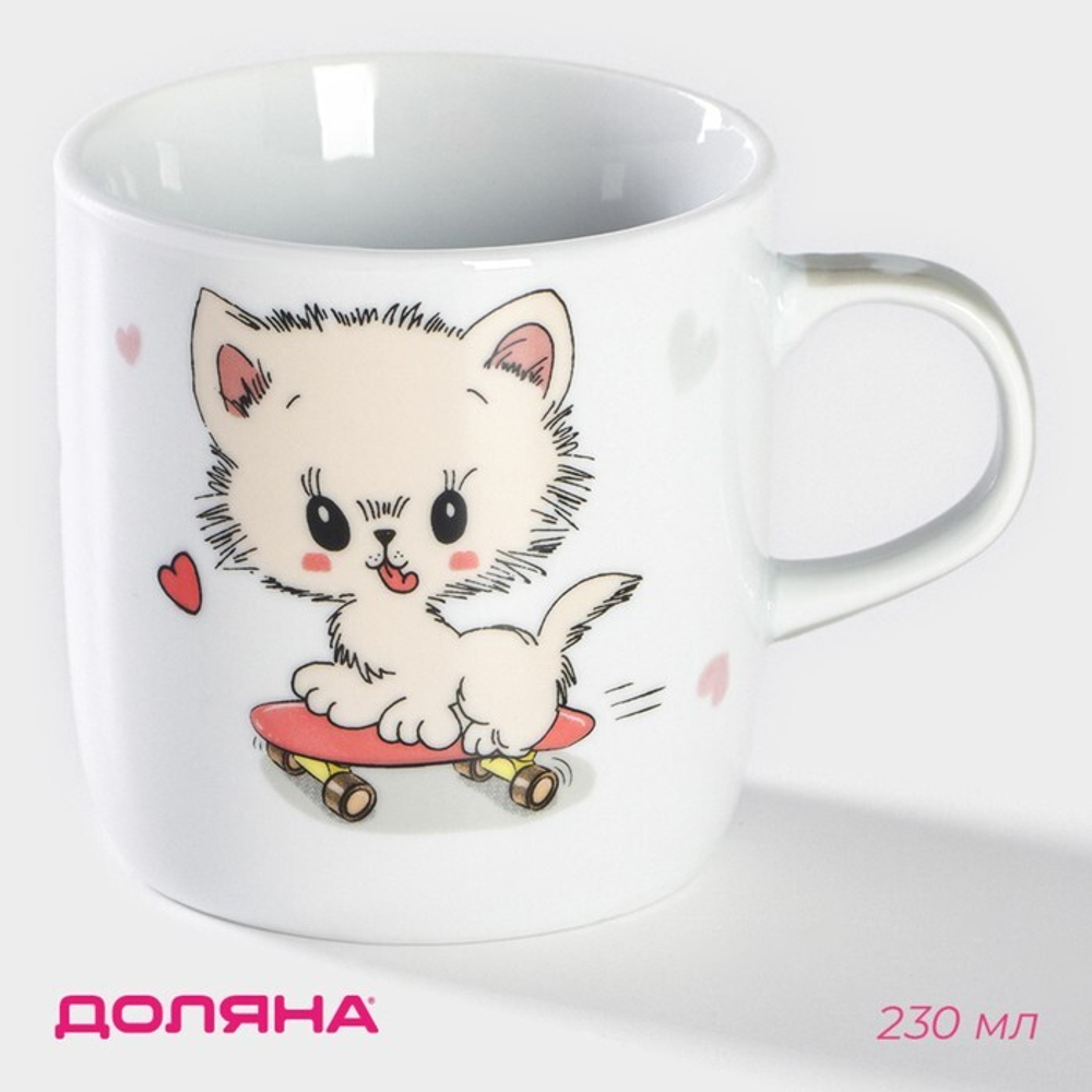 Кружка Доляна «Котёнок на скейте», 230 мл, керамика, цвет белый