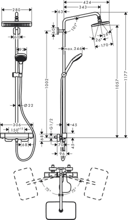Душевая система Hansgrohe 27660000 Croma E 280 1jet Showerpipe с термостатом для душа, EcoSmart, хром