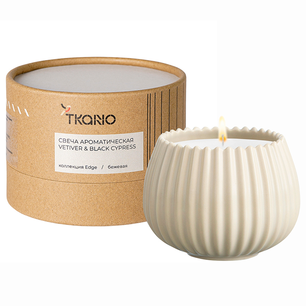 Свеча ароматическая Tkano Edge Vetiver & Black Cypress бежевая 30ч