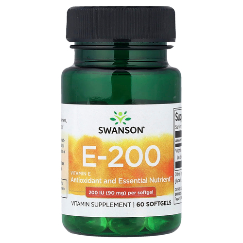Swanson Vitamins, E-200, витамин E, 90 мг (200 МЕ), 60 капсул