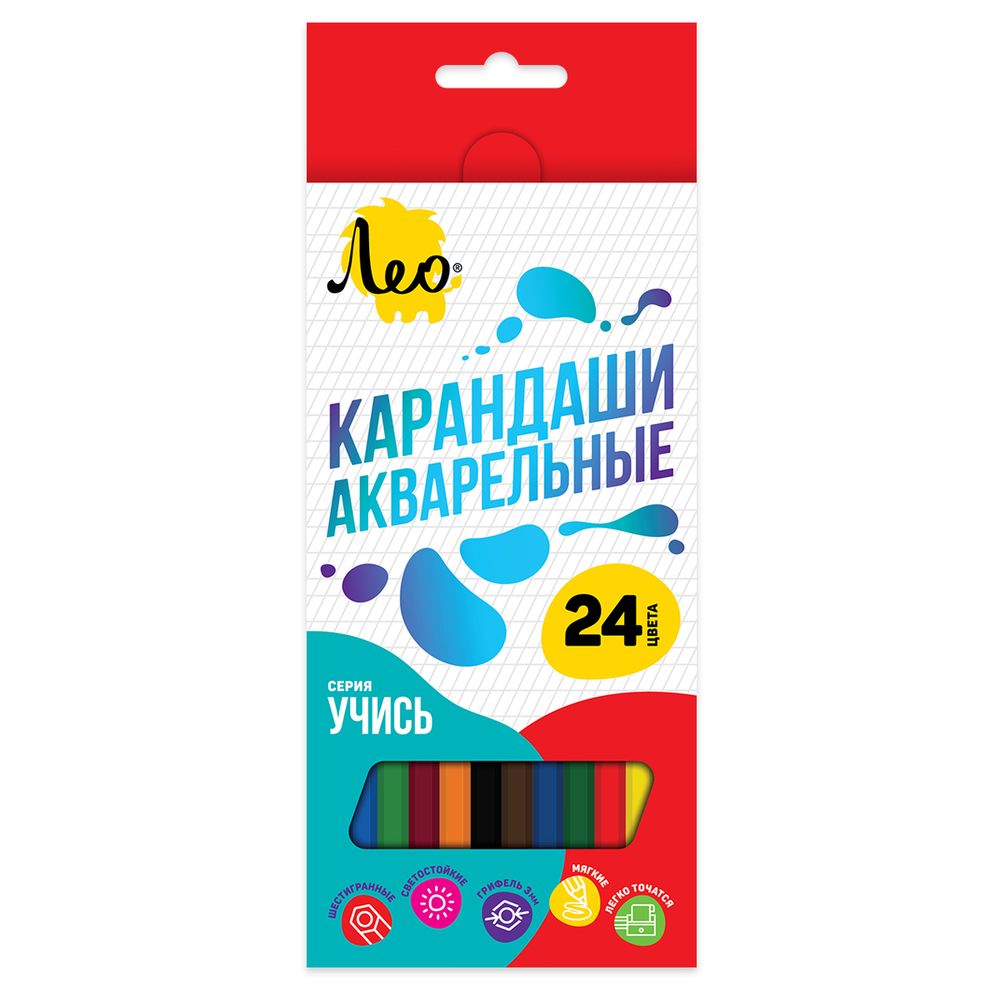 Карандаш акварельный в наборе заточенный 4х24 цв, Лео LNSWP-24