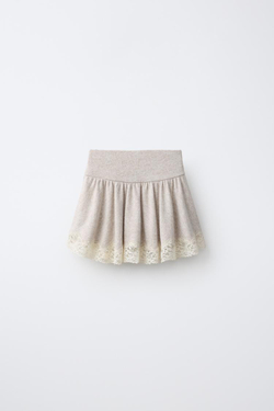 ZARA ЮБКА ИЗ МЯГКОЙ ТКАНИ С КРУЖЕВОМ, БЕЖЕВЫЙ