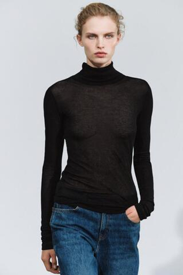 ZARA ФУТБОЛКА SUPIMA® С ВОРОТНИКОМ-СТОЙКОЙ, ЧЕРНЫЙ