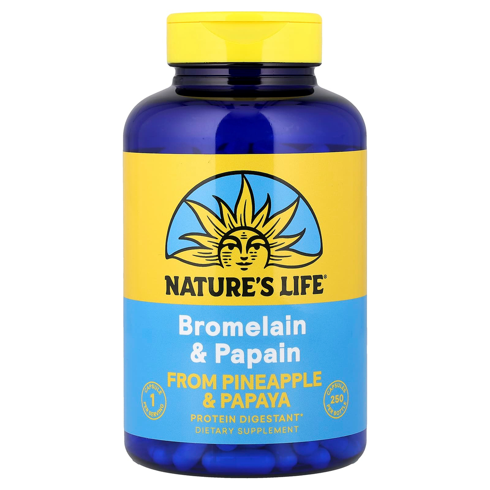 Nature's Life, бромелаин и папаин, 250 капсул