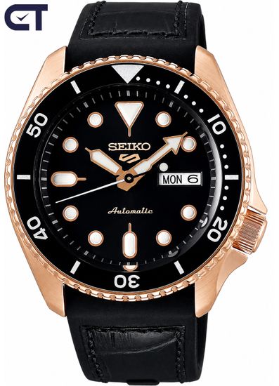 Seiko SRPD76K1 5 Sports SKX мужские наручные часы — автоматические часы в чёрно-розово-золотистой гамме