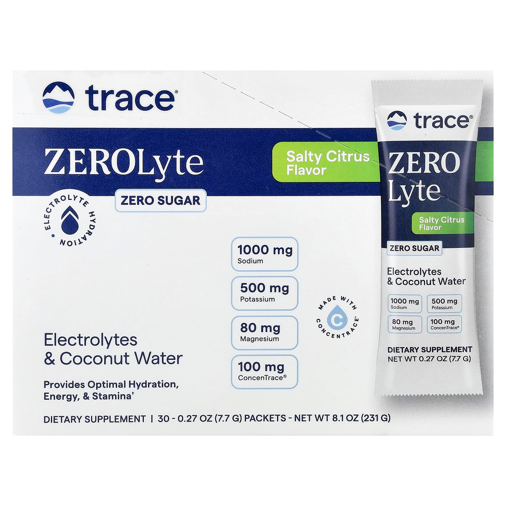 Trace, ZEROLyte, электролиты и кокосовая вода, со вкусом соленого цитруса, 30 пакетиков по 7,7 г (0,27 унции)