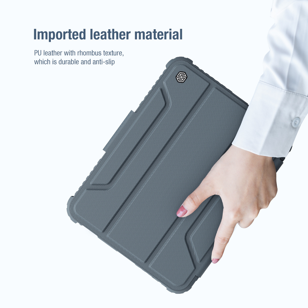 Чехол книжка серого цвета от Nillkin для iPad Mini 6 с 2021 года и iPad Mini 7 с 2024 года, серия Bumper Pro, с защитной шторкой для камеры